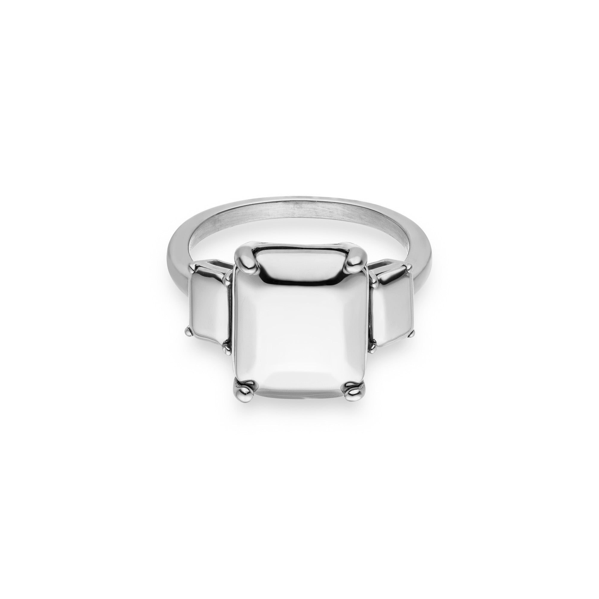 Der LIEBESKIND BERLIN Ring - Steel Diamond in Größe 54 von Liebeskind Berlin hat einen großen quadratischen Stein in Diamantoptik in der Mitte und zwei kleinere rechteckige Steine auf jeder Seite, die vor einem weißen Hintergrund stehen.