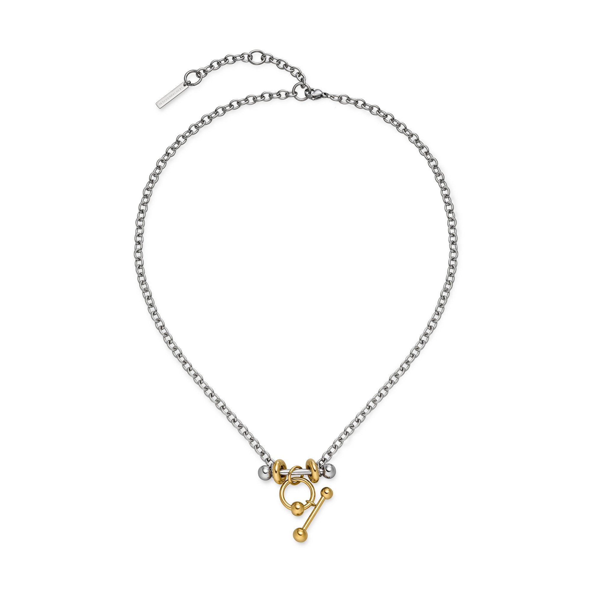 Die LIEBESKIND BERLIN Halskette - Urban Chic von Liebeskind Berlin besteht aus einer silbernen Kette mit goldenen runden und stabförmigen Anhängern im Bicolor-Stil, die das zeitlose Design auf weißem Hintergrund unterstreichen.