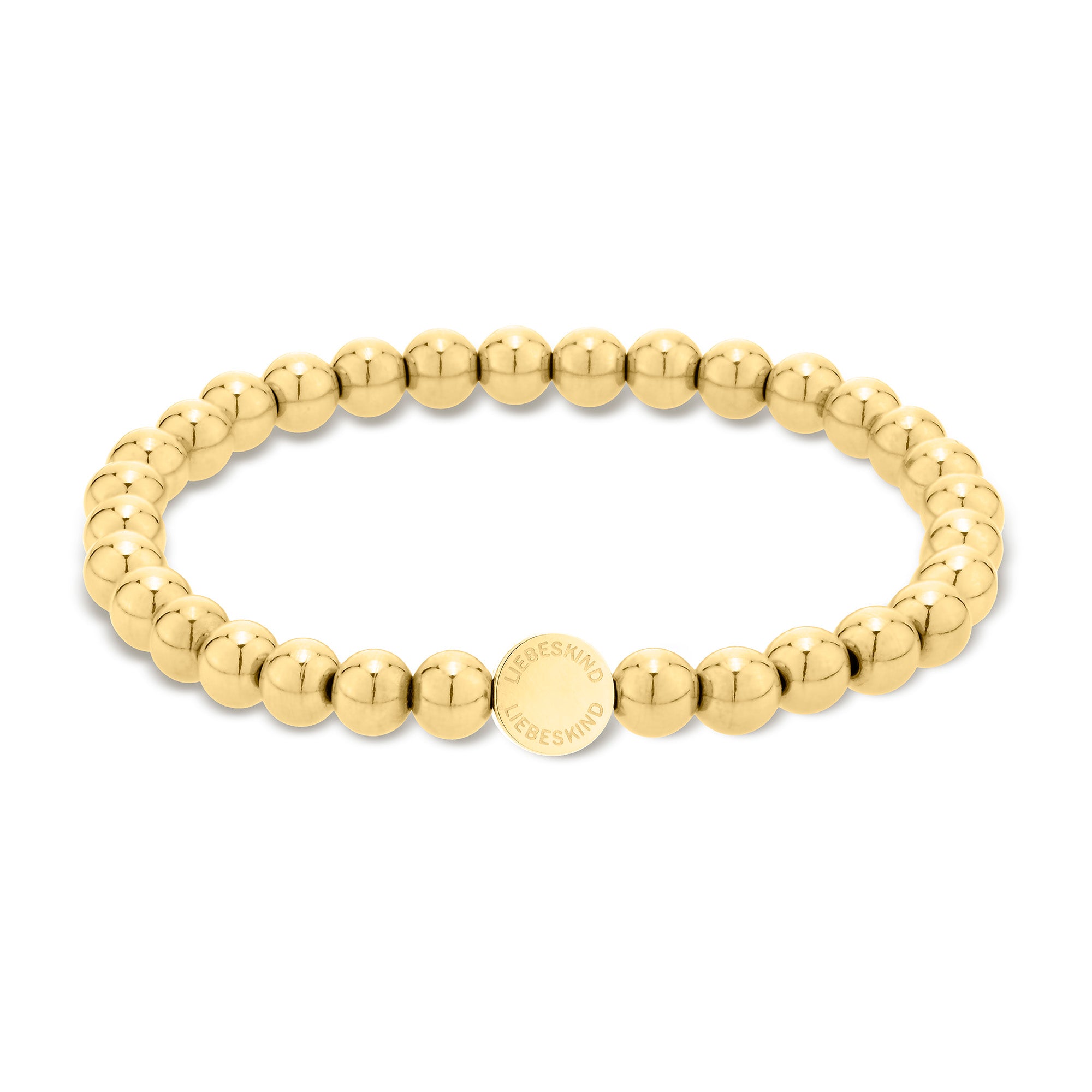Das Armband LIEBESKIND BERLIN Beads - Steel Beads von Liebeskind Berlin ist mit goldenen Perlen und einem runden Markenanhänger in der Mitte versehen.