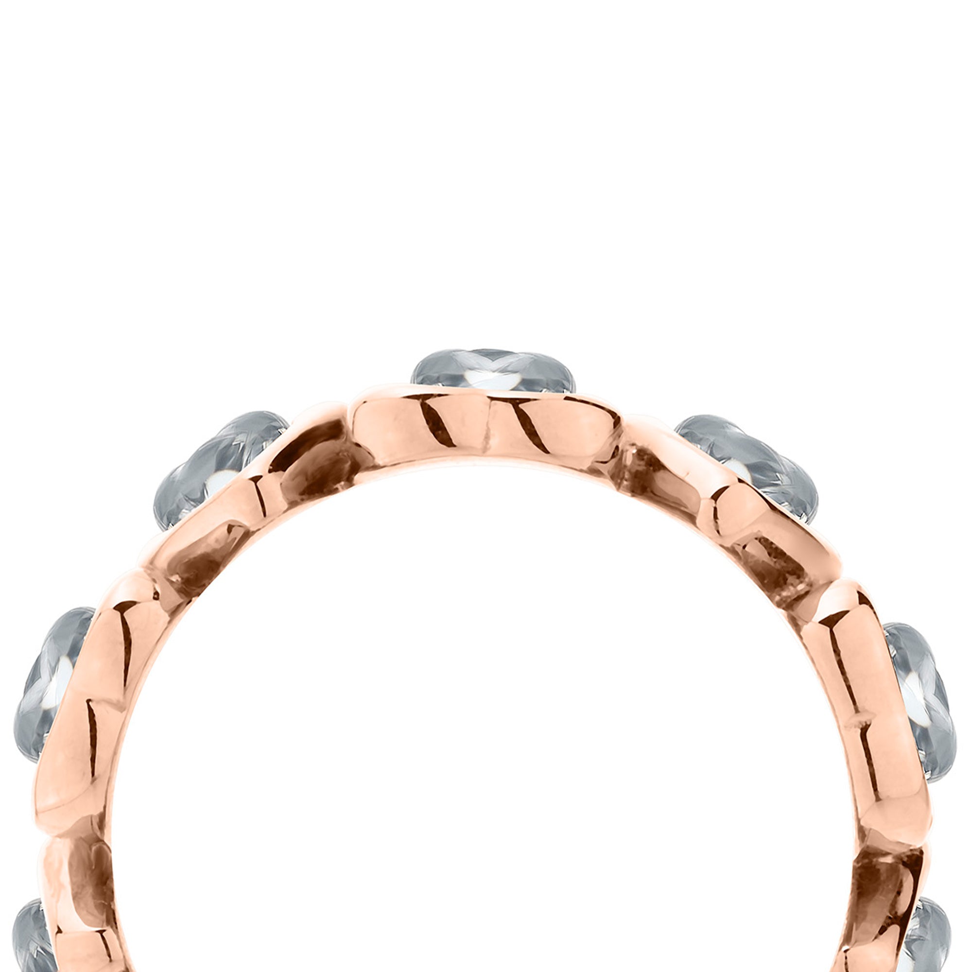 Der Ring LIEBESKIND BERLIN - Glass Heart in 54 von Liebeskind Berlin besticht durch sein stilvolles Design mit hellblauen Edelsteinen und Roségold-Finish, das ihn zu einem außergewöhnlichen Schmuckstück für jeden Anlass macht. Hier aus einem seitlichen Winkel gezeigt.