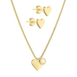 Das LIEBESKIND BERLIN Set - The Classy Heart von Liebeskind Berlin besteht aus einer goldenen Edelstahl-Halskette in Herzform und passenden Ohrsteckern mit elegantem Design, abgebildet auf weißem Hintergrund.