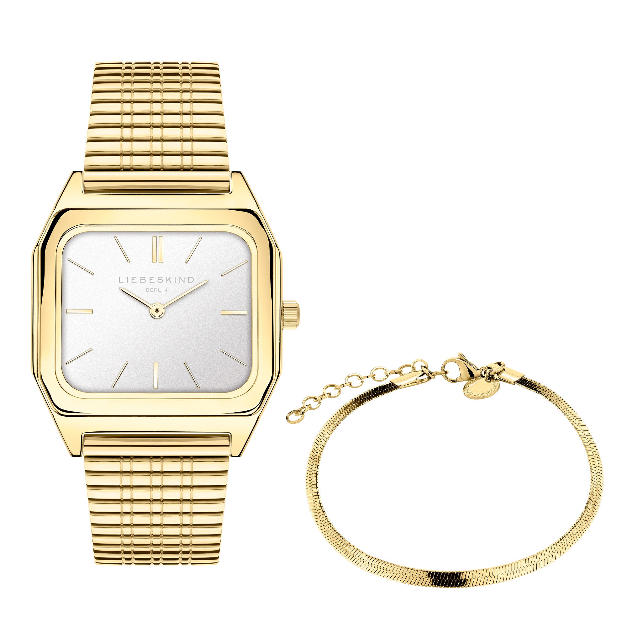 Das LIEBESKIND BERLIN Set - Golden Basic von Liebeskind Berlin präsentiert eine goldene Damenuhr mit silbernem Zifferblatt und passendem Armband als stilvolles Accessoire-Set vor weißem Hintergrund.