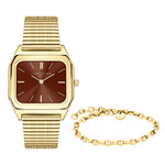 Das LIEBESKIND BERLIN Set - Gold Chic von Liebeskind Berlin vereint eine goldfarbene Uhr mit braunem Zifferblatt und passendem Armband - das perfekte Accessoire für einen eleganten Look auf weißem Hintergrund.