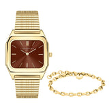 Das LIEBESKIND BERLIN Set - Gold Chic von Liebeskind Berlin vereint eine goldfarbene Uhr mit braunem Zifferblatt und passendem Armband - das perfekte Accessoire für einen eleganten Look auf weißem Hintergrund.
