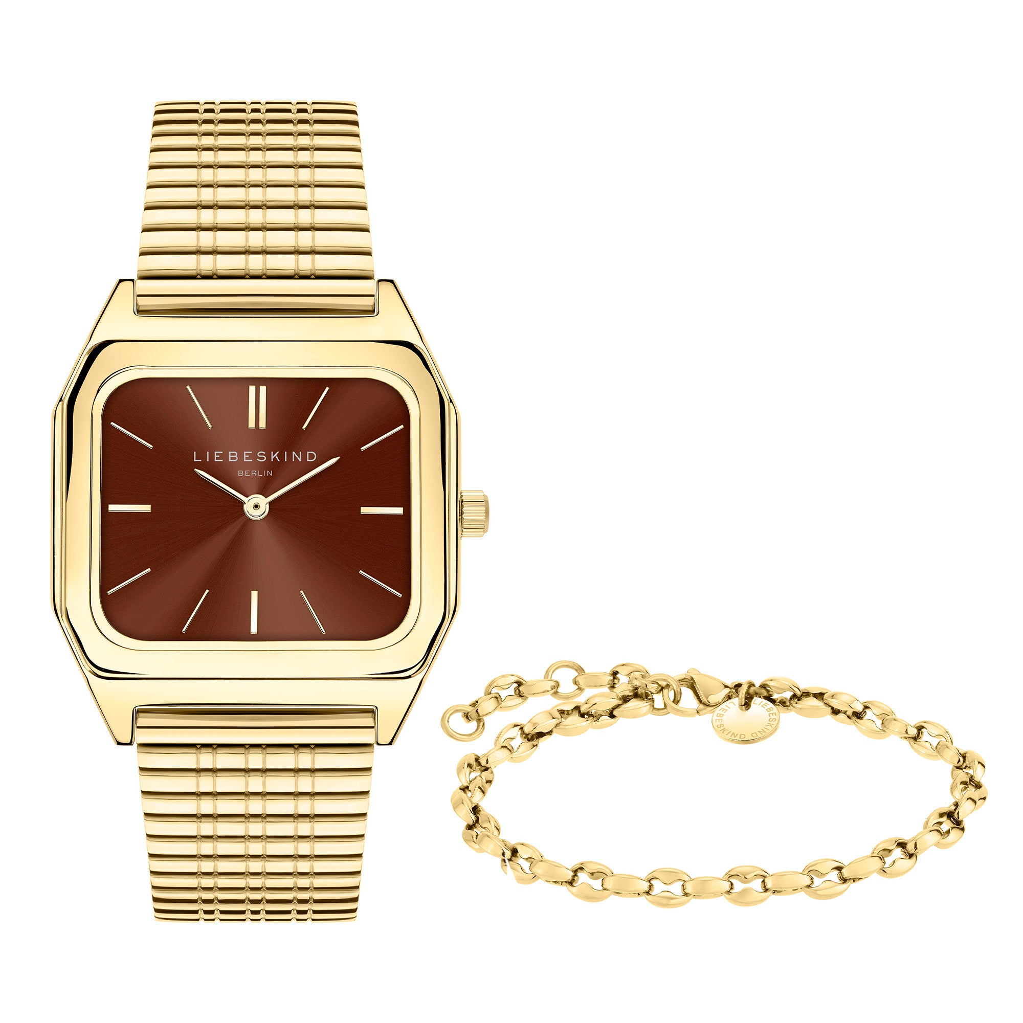 Das LIEBESKIND BERLIN Set - Gold Chic von Liebeskind Berlin vereint eine goldfarbene Uhr mit braunem Zifferblatt und passendem Armband - das perfekte Accessoire für einen eleganten Look auf weißem Hintergrund.