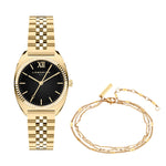 Das LIEBESKIND BERLIN Set - Gold Everyday Layering von Liebeskind Berlin umfasst eine goldene Uhr mit schwarzem Zifferblatt und filigranem Goldkettenarmband - ideal für den modernen Layering-Look.