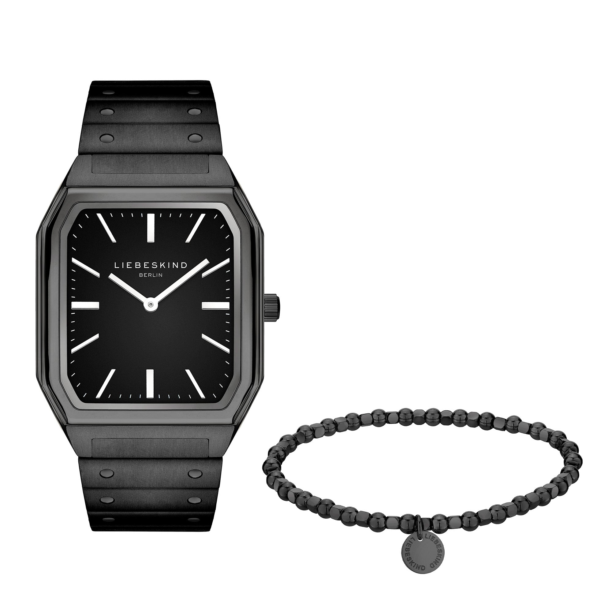 Das LIEBESKIND BERLIN Set - Black Urban von Liebeskind Berlin umfasst eine minimalistische schwarze Uhr und ein passendes Beads-Armband - perfekt für einen stilvollen, urbanen Look.