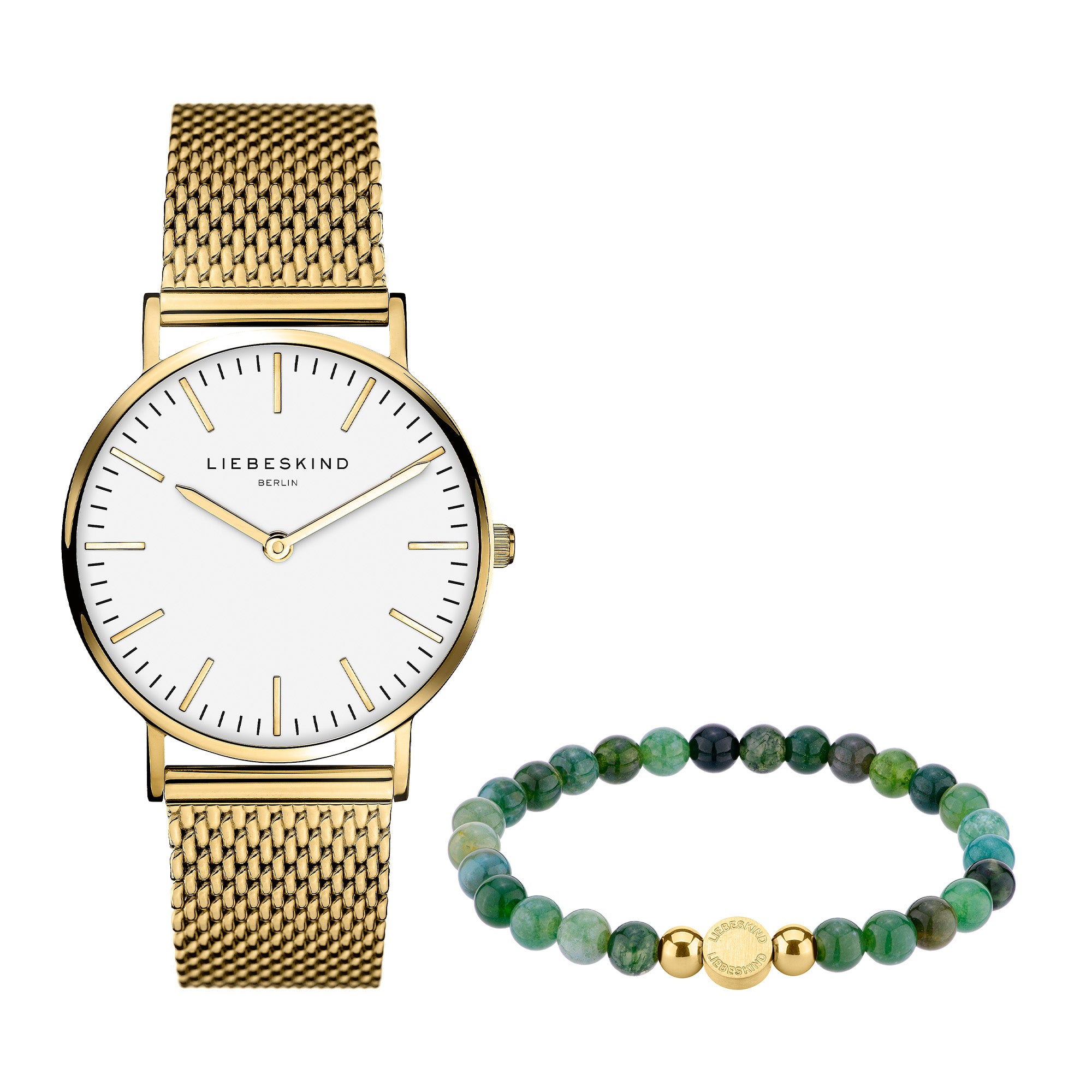 Das LIEBESKIND BERLIN Set - Golden Green von Liebeskind Berlin besteht aus einer goldenen Armbanduhr mit weißem Zifferblatt und einem grünen Perlenarmband mit goldenen Akzenten.