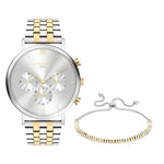 Das Liebeskind Berlin Set - Bicolor Edges: Elegante Silber-Gold-Chronografenuhr mit drei Zifferblättern und passendem Zugarmband, präsentiert auf weißem Hintergrund.