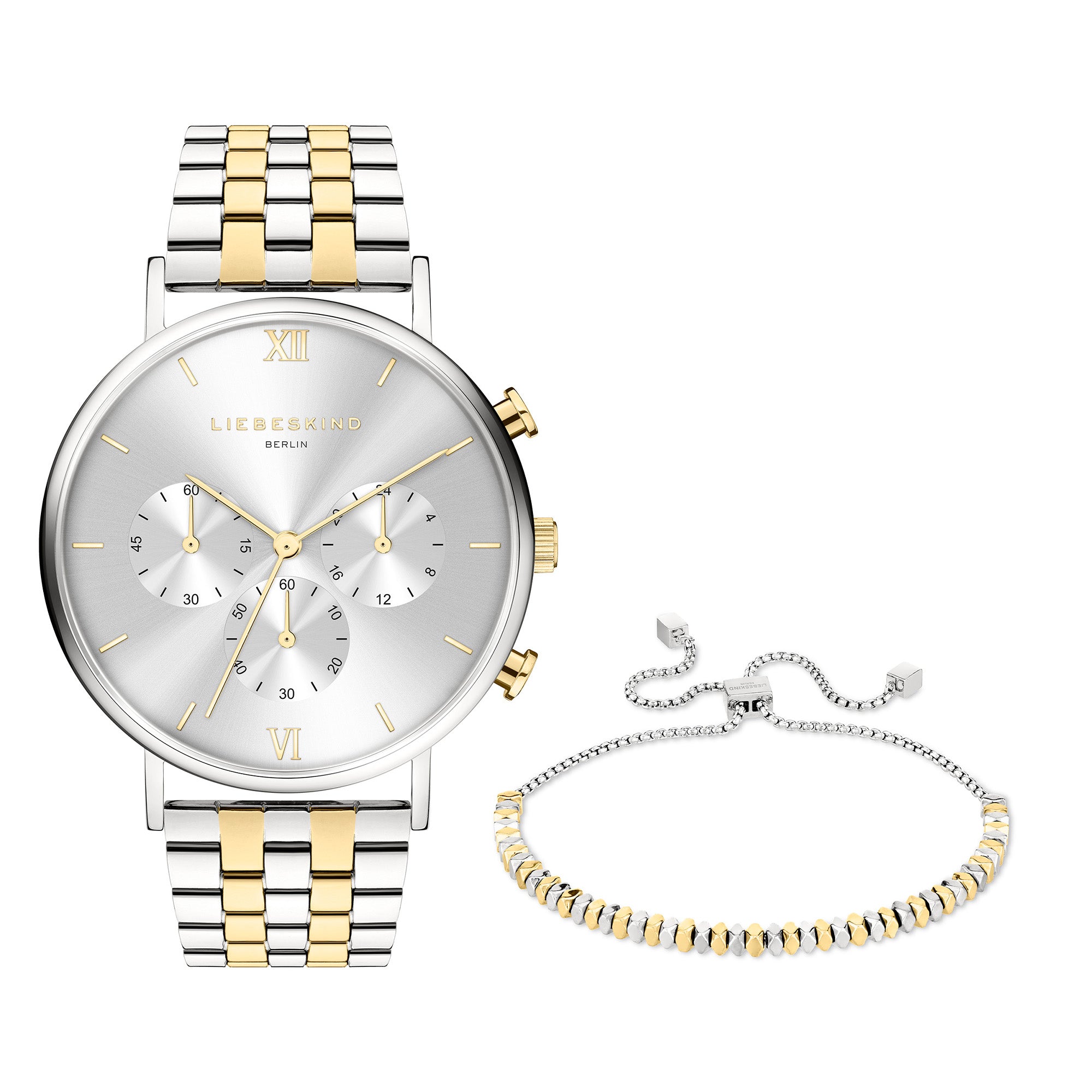 Das Liebeskind Berlin Set - Bicolor Edges: Elegante Silber-Gold-Chronografenuhr mit drei Zifferblättern und passendem Zugarmband, präsentiert auf weißem Hintergrund.
