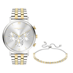 Das Liebeskind Berlin Set - Bicolor Edges: Elegante Silber-Gold-Chronografenuhr mit drei Zifferblättern und passendem Zugarmband, präsentiert auf weißem Hintergrund.