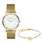 Das LIEBESKIND BERLIN Set - Gold Broken Heart von Liebeskind Berlin besteht aus einer goldenen Uhr mit weißem Ziffernblatt und einem passenden goldenen Armband mit einem geometrischen Herzanhänger.