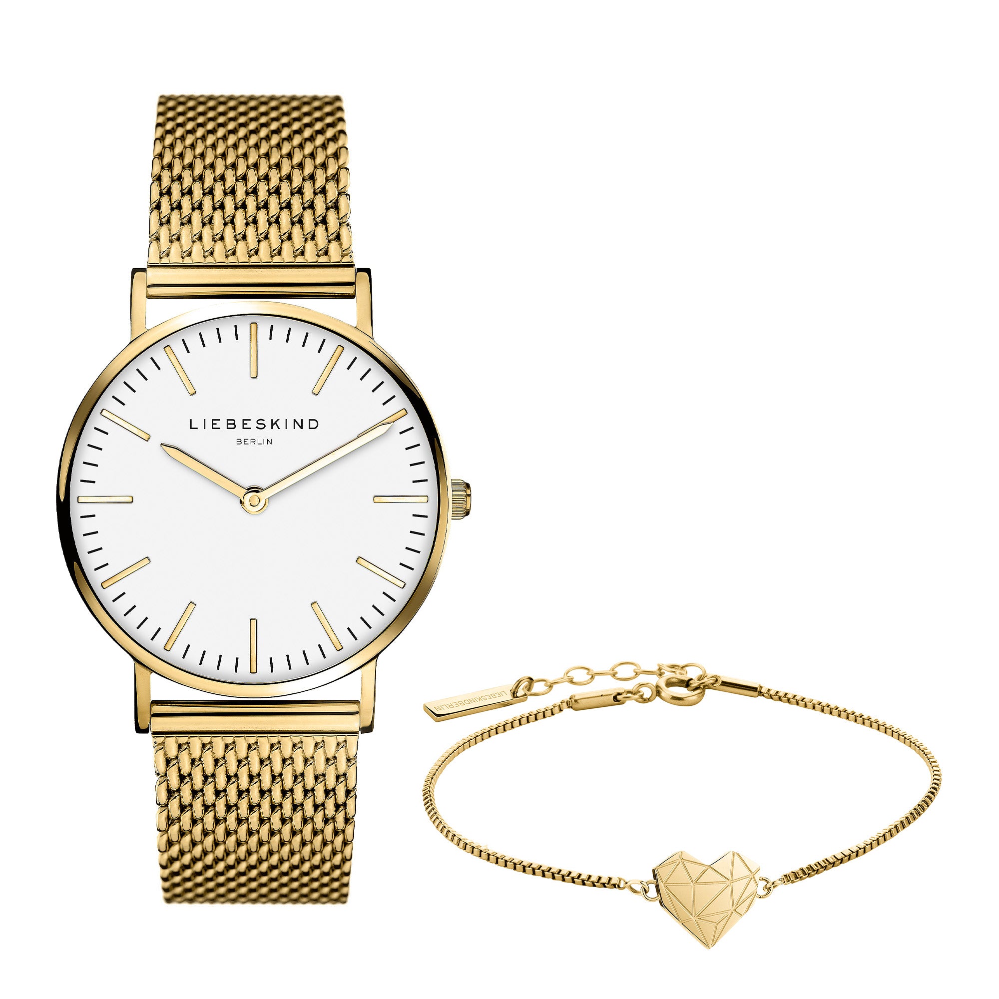 Das LIEBESKIND BERLIN Set - Gold Broken Heart von Liebeskind Berlin besteht aus einer goldenen Uhr mit weißem Ziffernblatt und einem passenden goldenen Armband mit einem geometrischen Herzanhänger.