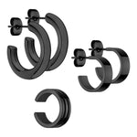 Das LIEBESKIND BERLIN Set - Das Basic Set von Liebeskind Berlin besteht aus drei Paar schwarzen Creolen-Ohrringen und einer passenden schwarzen Ohrfessel auf weißem Hintergrund.