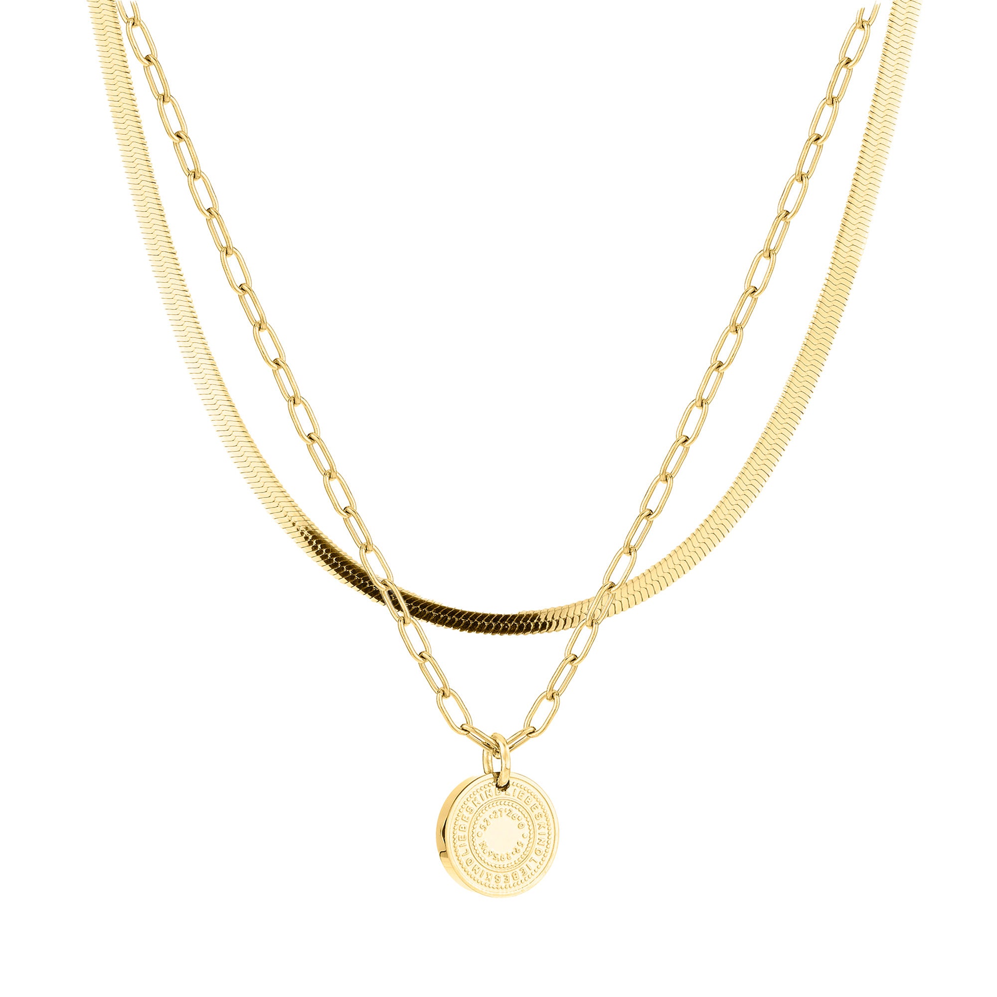 Das LIEBESKIND BERLIN Set - Coin Layering von Liebeskind Berlin besteht aus einer runden, gravierten Goldkette mit Anhänger - ideal für den trendigen Lagenlook und perfekt zu kombinieren mit anderen Goldketten aus der Schmuckkollektion.