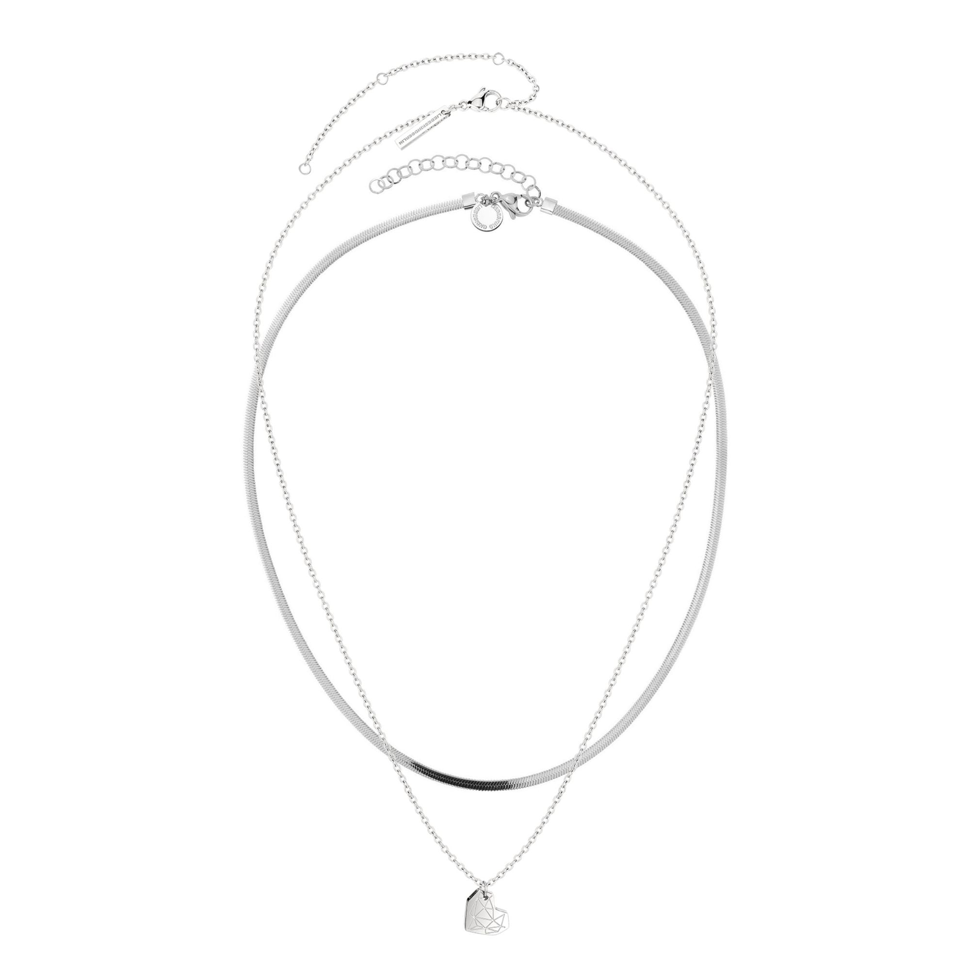 LIEBESKIND BERLIN Set Broken Heart Layering mit zwei silberfarbenen Halsketten und geometrischem Herzanhänger