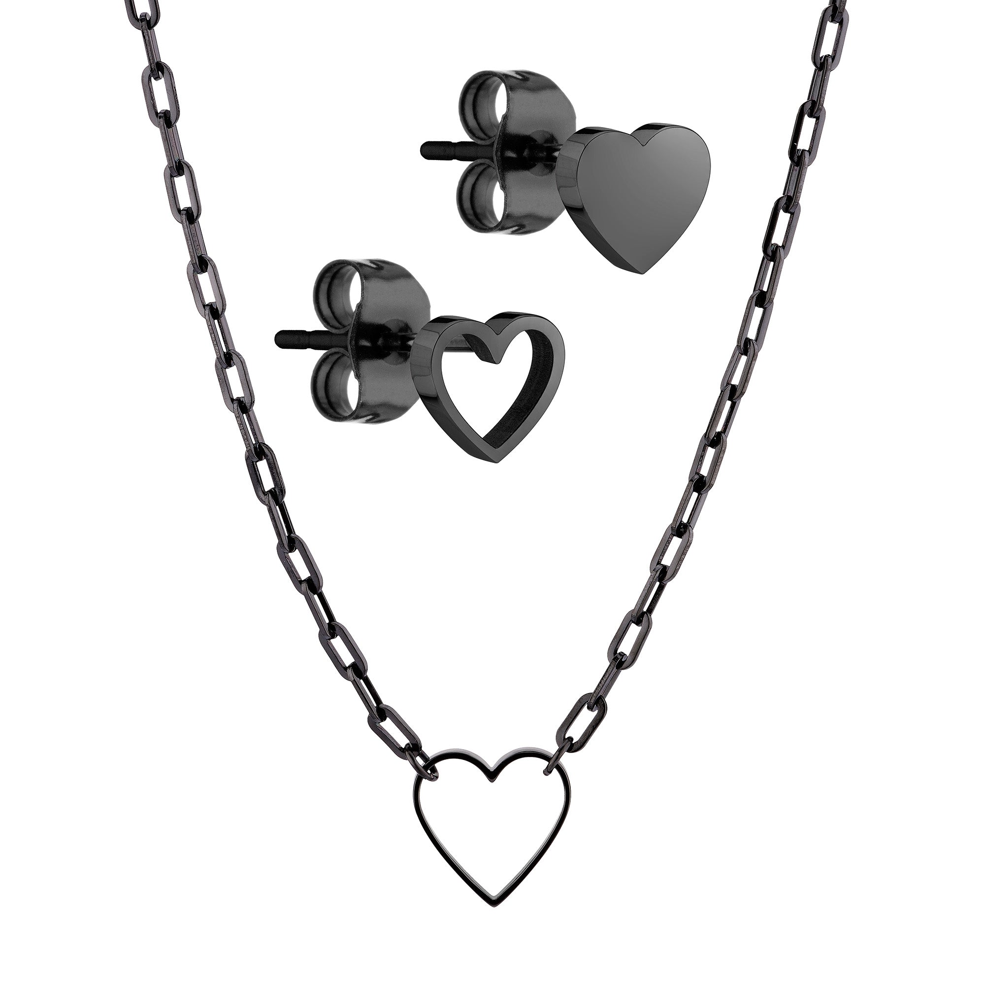 Das LIEBESKIND BERLIN Set - Empty Black Hearts besteht aus einer stilvollen herzförmigen Halskette und zwei Paar passenden schwarzen Herz-Ohrsteckern - ein elegantes Accessoire-Set von Liebeskind Berlin für jeden Anlass.