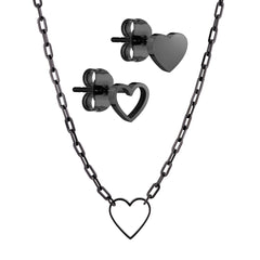 Das LIEBESKIND BERLIN Set - Empty Black Hearts besteht aus einer stilvollen herzförmigen Halskette und zwei Paar passenden schwarzen Herz-Ohrsteckern - ein elegantes Accessoire-Set von Liebeskind Berlin für jeden Anlass.