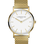 Das Liebeskind Berlin Set - Golden Green besteht aus einer Armbanduhr mit goldenem Mesh-Band und weißem, minimalistischem Zifferblatt, das den ikonischen Stil der Marke widerspiegelt.