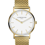 Das Liebeskind Berlin Set - Golden Green besteht aus einer Armbanduhr mit goldenem Mesh-Band und weißem, minimalistischem Zifferblatt, das den ikonischen Stil der Marke widerspiegelt.
