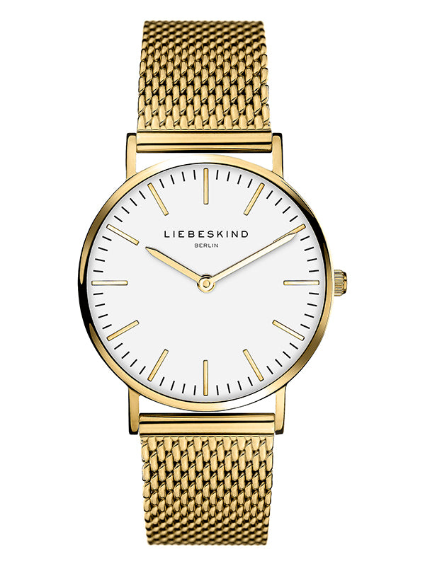 Das Liebeskind Berlin Set - Golden Green besteht aus einer Armbanduhr mit goldenem Mesh-Band und weißem, minimalistischem Zifferblatt, das den ikonischen Stil der Marke widerspiegelt.