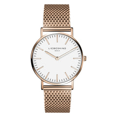 Liebeskind Berlin Armbanduhr mit roségoldenen Indizes, roségoldenem Gehäuse und roségoldenem Meshband; Produktbild