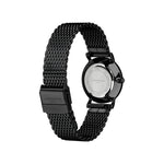 Liebeskind Berlin Armbanduhr mit schwarzem Zifferblatt, schwarzen Indizes, schwarzem Gehäuse und schwarzem Meshband; Rückansicht