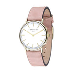 Liebeskind Berlin Armbanduhr mit goldenen Indizes, goldenem Gehäuse und rosa Lederband im Vintagestyle; Produktbild
