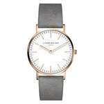 Liebeskind Berlin Armbanduhr mit roségoldenen Indizes, roségoldenem Gehäuse und grauem Lederband im Vintage-Style; Produktbild