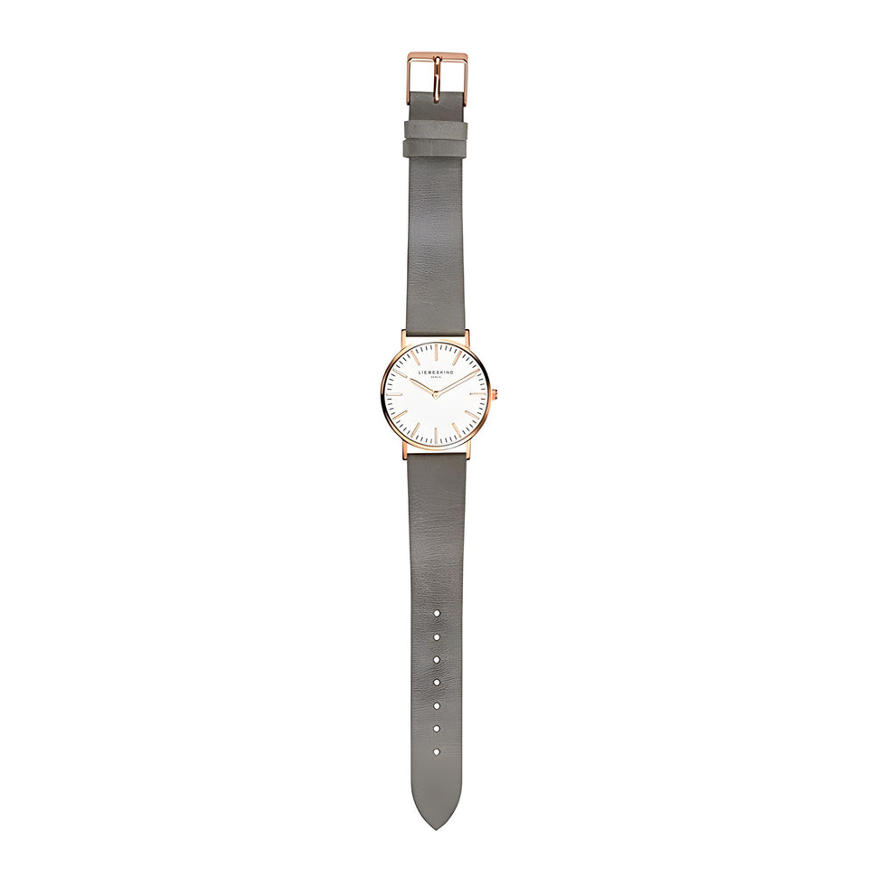 Liebeskind Berlin Armbanduhr mit roségoldenen Indizes, roségoldenem Gehäuse und grauem Lederband im Vintage-Style; Zusatzbild