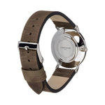 Liebeskind Berlin Armbanduhr mit silbernen Indizes, silbernem Gehäuse und braunem Lederband im Vintage-Style; Rückansicht