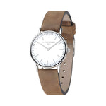 Liebeskind Berlin Armbanduhr mit silbernen Indizes, silbernem Gehäuse und braunem Lederband im Vintage-Style; Produktbild