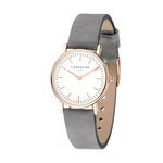 Liebeskind Berlin Armbanduhr mit roségoldenen Indizes, roségoldenem Gehäuse und grauem Lederband im Vintagelook; Produktbild