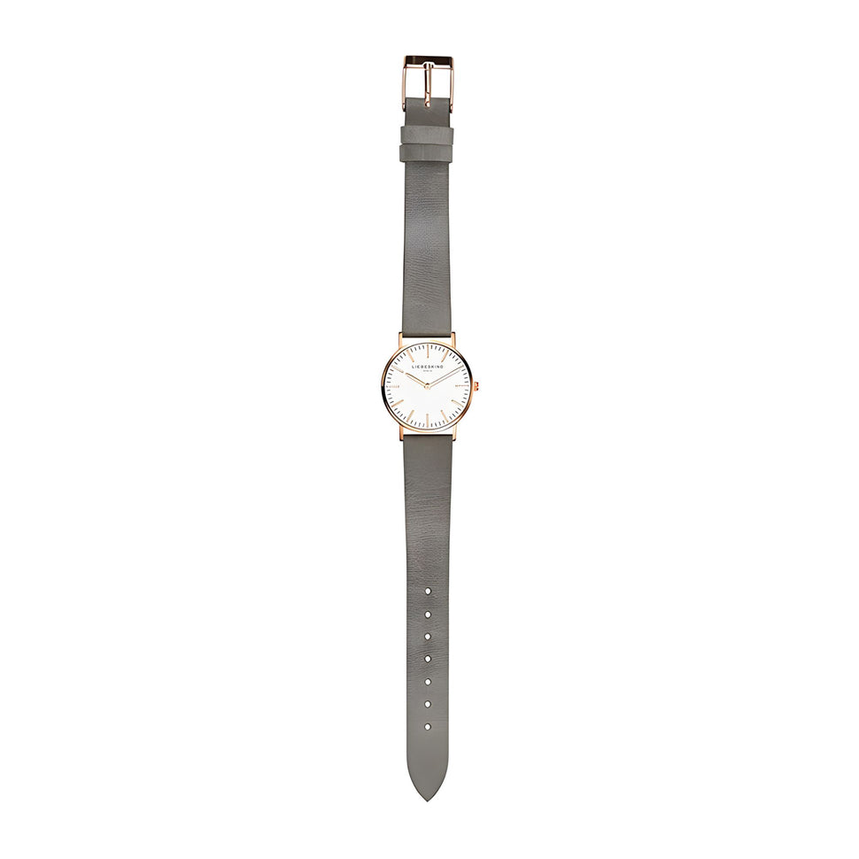 Liebeskind Berlin Armbanduhr mit roségoldenen Indizes, roségoldenem Gehäuse und grauem Lederband im Vintagelook; Produktbild