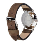 Liebeskind Berlin Armbanduhr mit schwarzem Zifferblatt, silbernen Indizes, silbernem Gehäuse und braunem Lederband; Produktbild