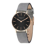 Liebeskind Berlin Armbanduhr mit schwarzem Zifferblatt, roségoldenen Indizes, roségoldenem Gehäuse und grauem Lederband; Produktbild