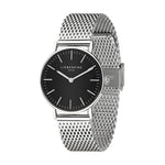 Liebeskind Berlin Armbanduhr mit schwarzem Zifferblatt, silbernen Indizes, silbernem Gehäuse und silbernem Meshband; Seitenansicht