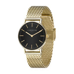 Liebeskind Berlin Armbanduhr mit schwarzem Zifferblatt, goldenen Indizes, goldenem Gehäuse und goldenem Meshband; Produktbild