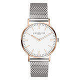 Liebeskind Berlin Armbanduhr mit roségoldenen Indizes, roségoldenem Gehäuse und silbernem Meshband; Produktbild