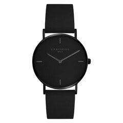 Liebeskind Berlin Armbanduhr mit schwarzem Zifferblatt aus Leder und vier Nähten als Indizes, schwarzen Zeigern, schwarzem Gehäuse und braunem Lederband; Produktbild