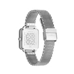 Liebeskind Berlin Armbanduhr mit silbernem Zifferblatt mit Datumsanzeige, quadratischem silbernem Gehäuse und silbernem Meshband Rückansicht