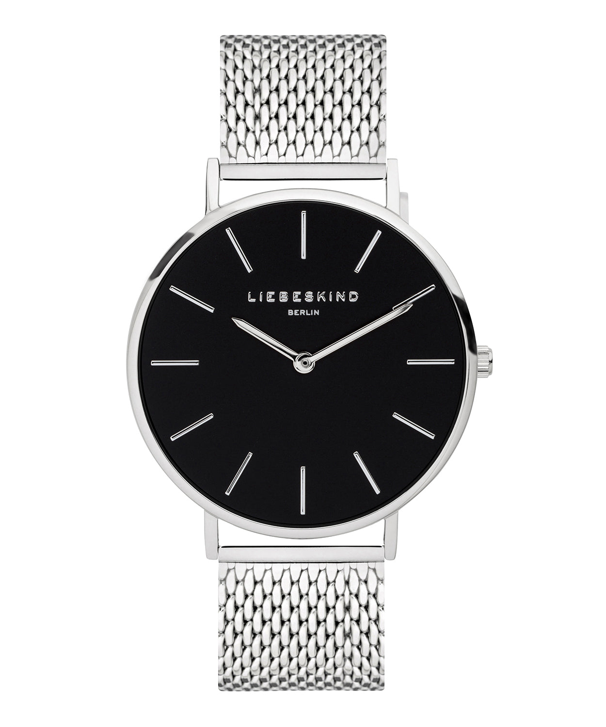 Silberne Uhr Damen: Das LIEBESKIND BERLIN Set - Lovely Silver Basic überzeugt mit silbernem Mesh-Armband, schwarzem Zifferblatt und weißen Stundenmarkern - ein elegantes Accessoire für jeden Anlass.