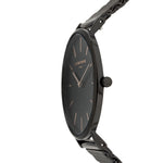 Liebeskind Berlin Armbanduhr mit schwarzem Zifferblatt, silbernen Indizes, schwarzem Gehäuse und schwarzem Meshband; Seitenansicht