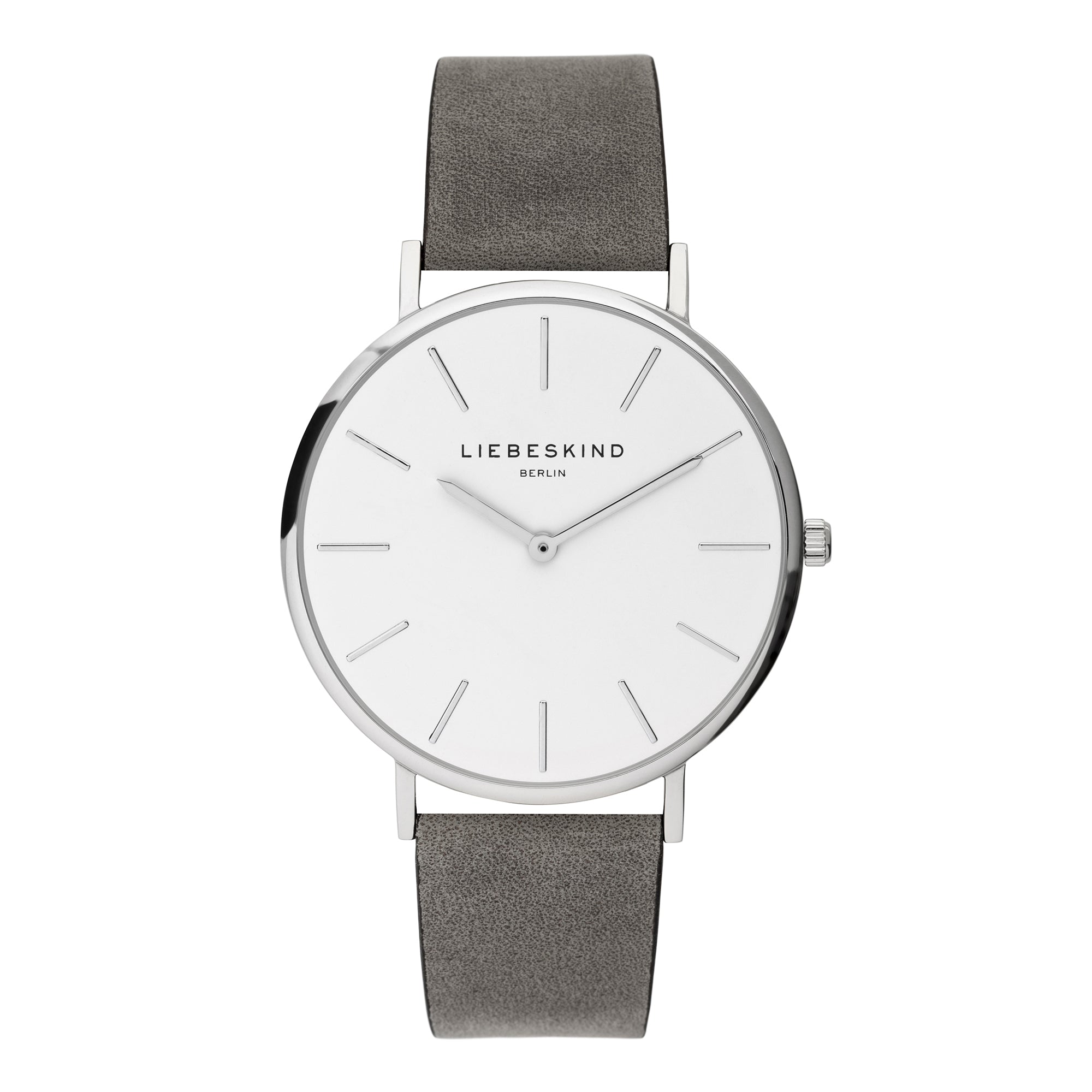 Liebeskind Berlin Armbanduhr mit silbernem Gehäuse und grauem Lederband; Produktbild