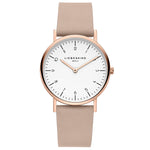 Liebeskind Berlin Armbanduhr im minimalistischen, skandinavischen Design mit roségoldenem Gehäuse und beigem Lederband; Produktbild