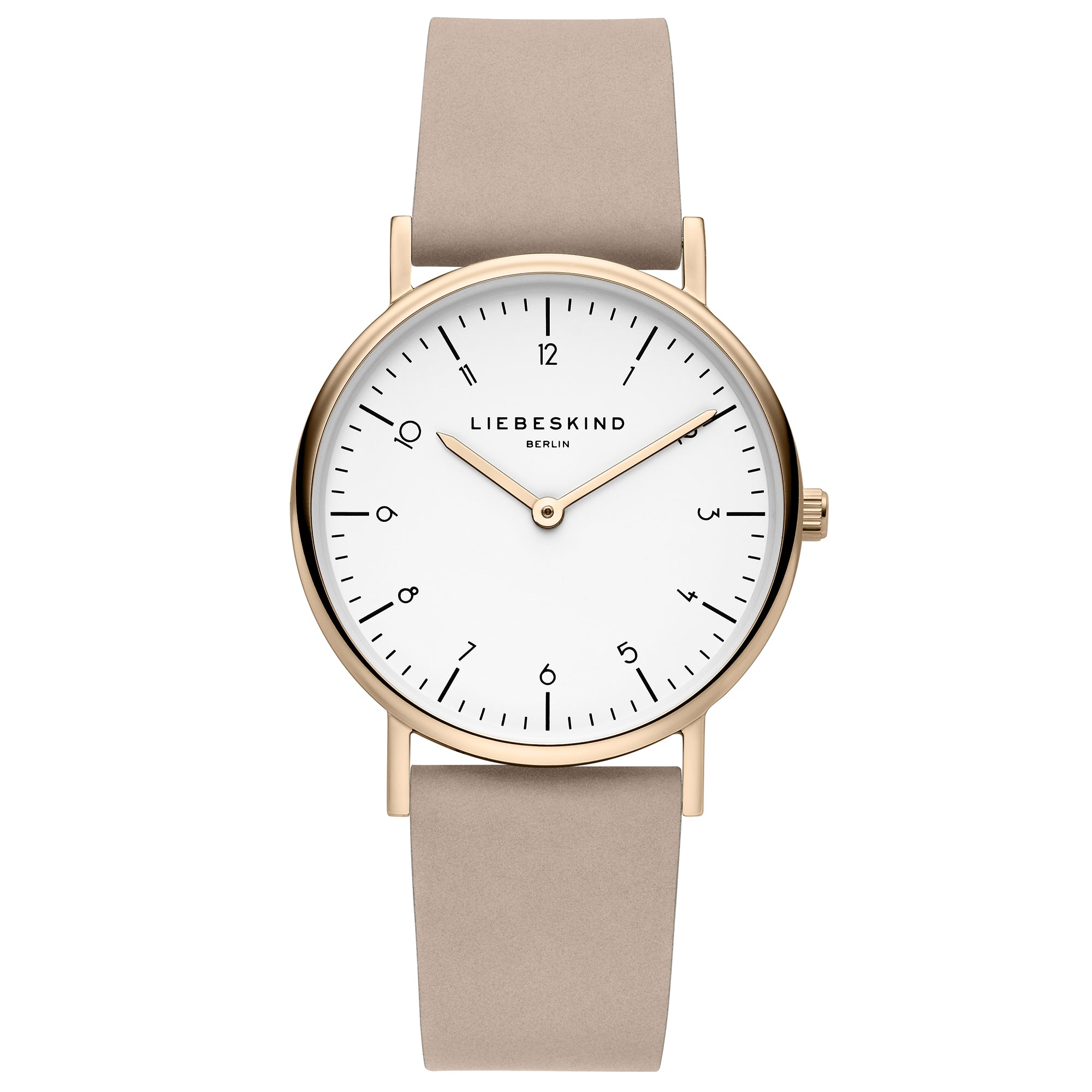 Liebeskind Berlin Armbanduhr im minimalistischen, skandinavischen Design mit roségoldenem Gehäuse und beigem Lederband; Produktbild