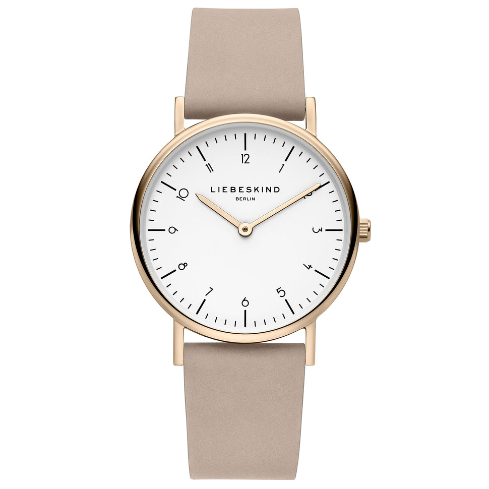 Liebeskind Berlin Armbanduhr im minimalistischen, skandinavischen Design mit roségoldenem Gehäuse und beigem Lederband; Produktbild