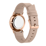 Liebeskind Berlin Armbanduhr im minimalistischen, skandinavischen Design mit roségoldenem Gehäuse und beigem Lederband; Rückansicht