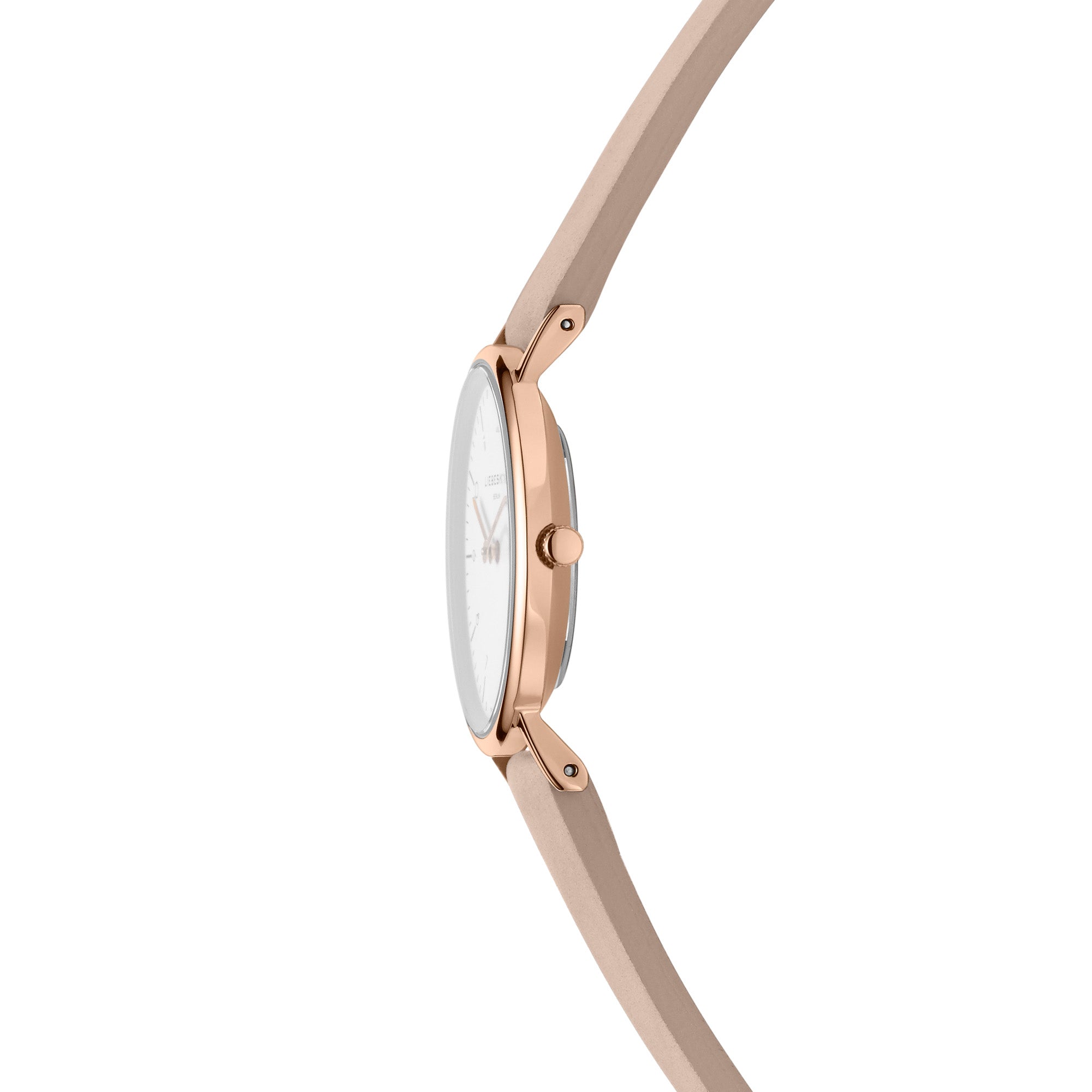 Liebeskind Berlin Armbanduhr im minimalistischen, skandinavischen Design mit roségoldenem Gehäuse und beigem Lederband; Seitenansicht