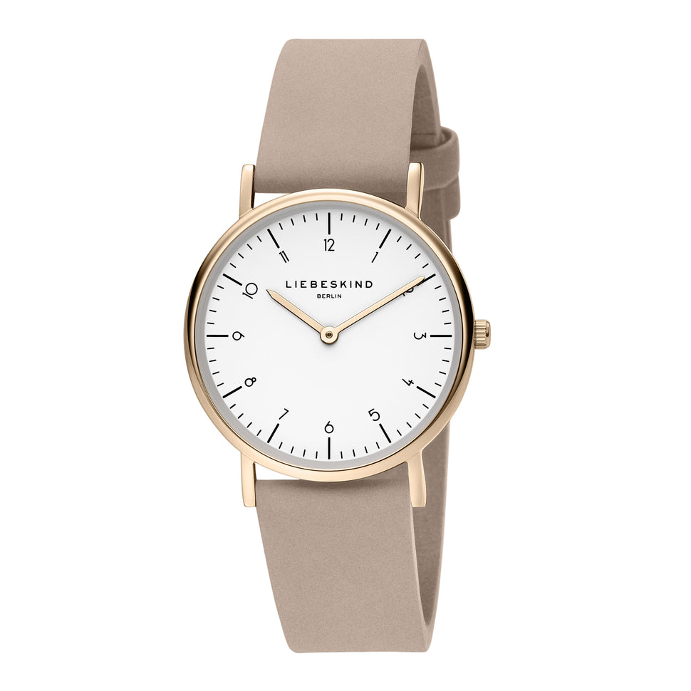 Liebeskind Berlin Armbanduhr im minimalistischen, skandinavischen Design mit roségoldenem Gehäuse und beigem Lederband; Produktbild